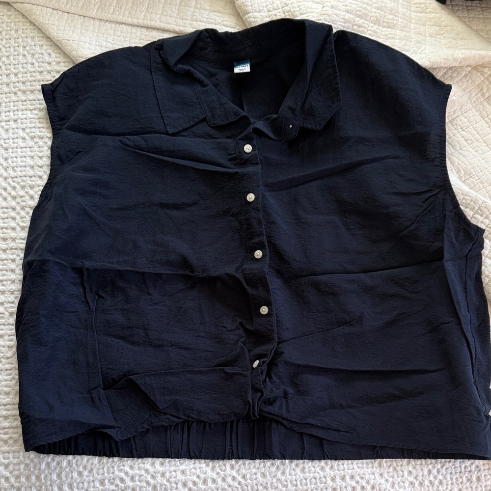 Navy Sleeveless Button-Up Top